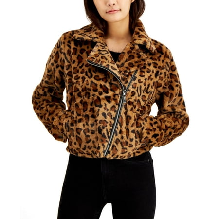 Jou Jou Juniors' Faux-Fur Leopard-Print Moto Jacket, Brown, XS