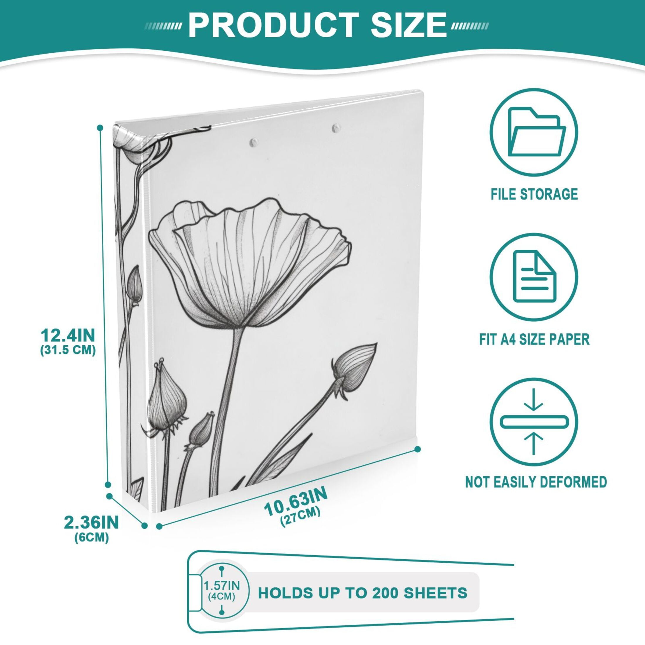 Black Line Flowers 3 Ring Binders 1.5 inch Hardcover File Folders with Interior Pockets A4 Size Organizer for School Office Hospital