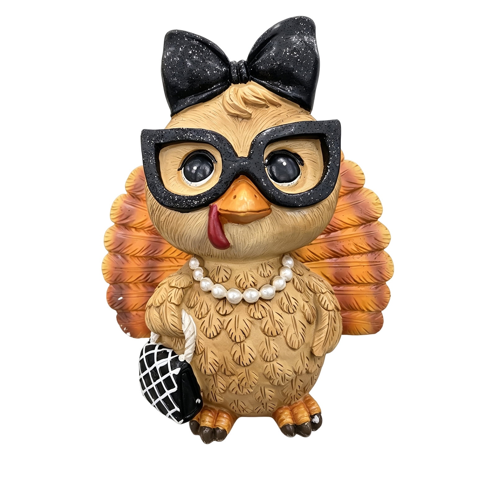 Fashion Girl‑Style Turkey Resin Figurine Thanksgiving Tabletop Statue with Bow Glasses Pearl Necklace and Handbag Fall Seasonal Ornament for Indoor Home Table and Mantel Holiday Decoration