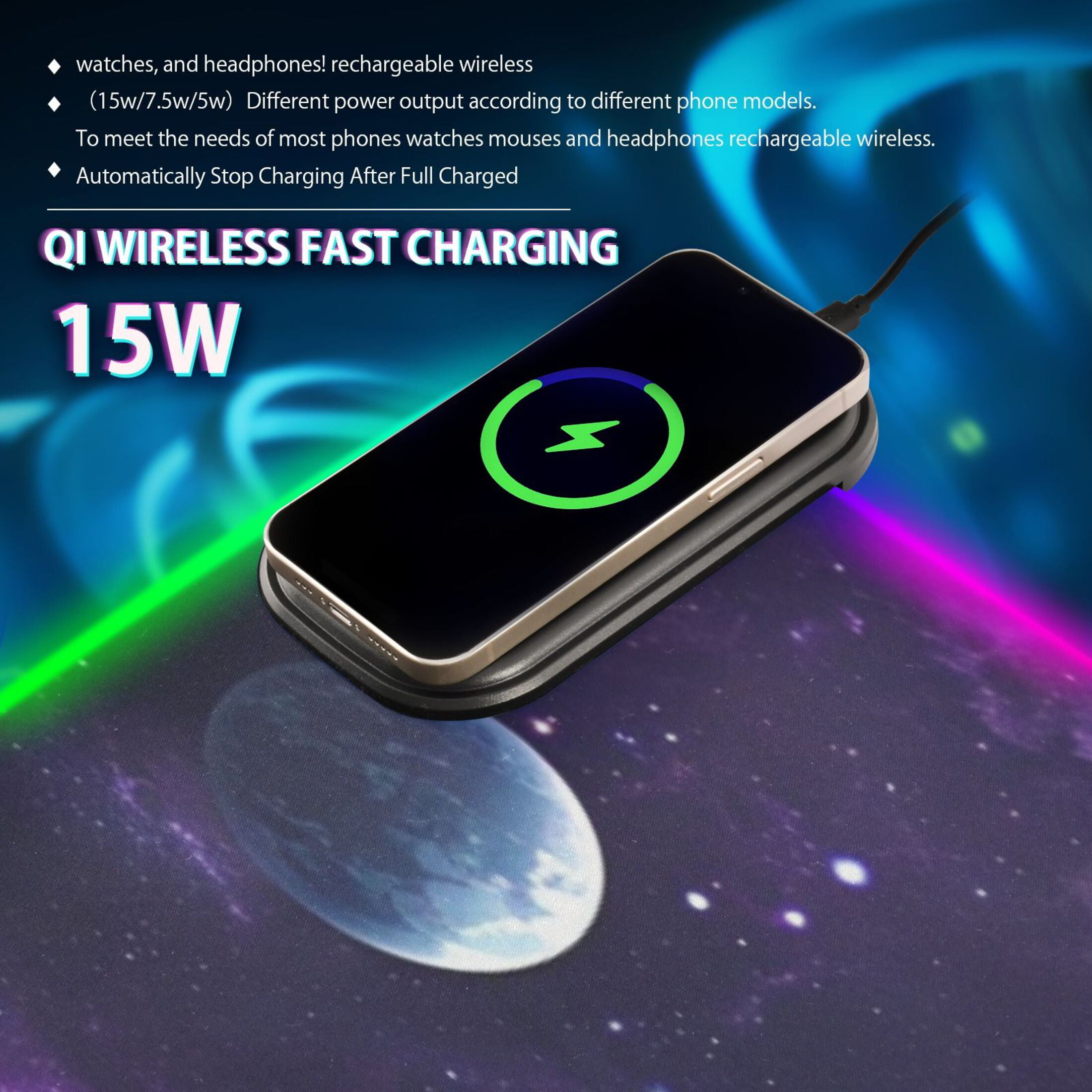Wireless Charging Mouse Pad Large RGB Gaming Desk Mat 13 Light Modes Mousepad 31.5x11.8 Nebula and Planet