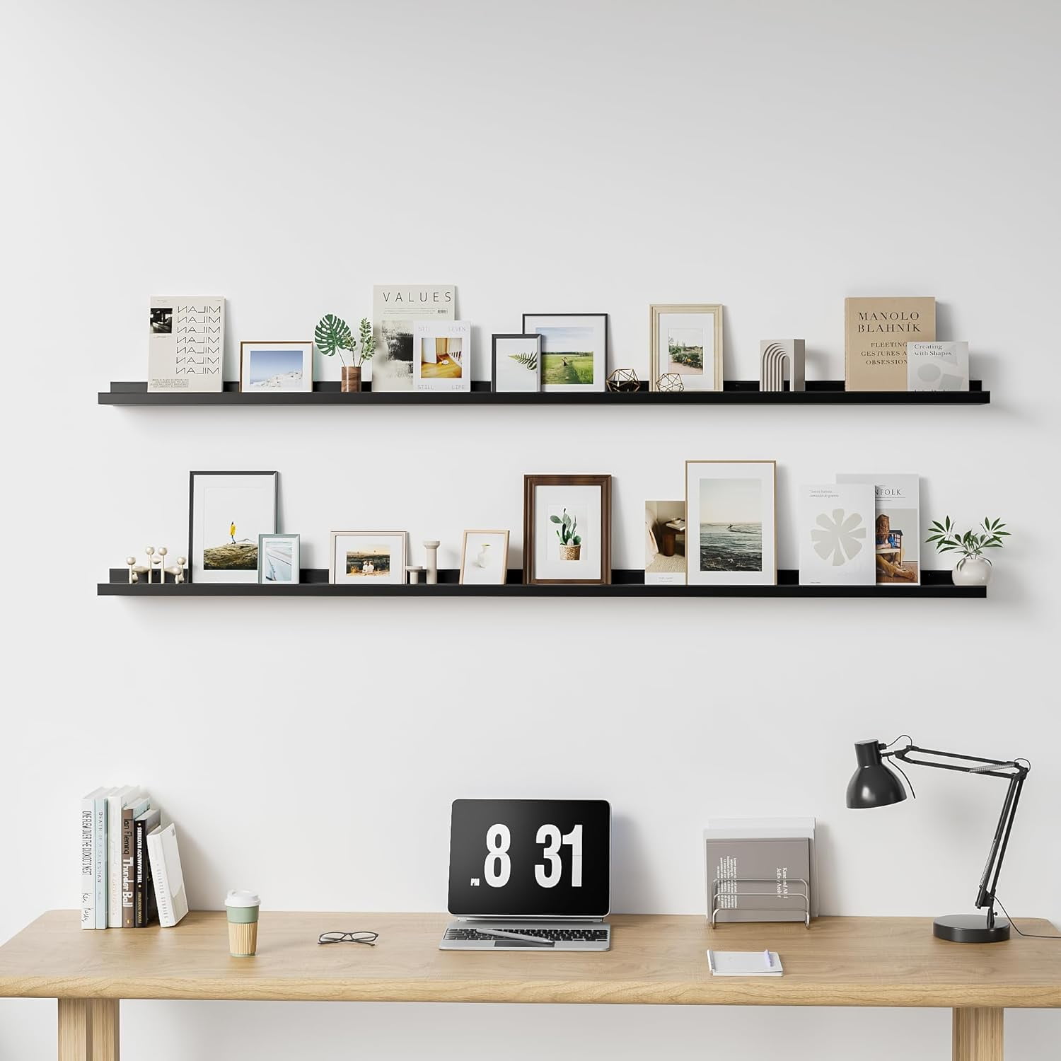 Long Floating Shelves for Wall, 72 inch Solid Wood Picture Ledge Shelf, Picture Shelf for Wall with Ledge, Floating Book Shelves for Living Room Bedroom Kitchen Nursery Decor, Black, Set of 2