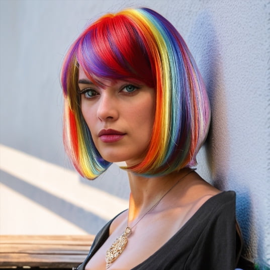 Rainbow colorful student BOB short hair bangs high temperature silk hood Synthetic Fibre wig