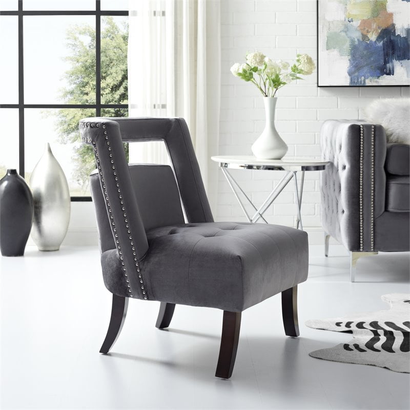 Cole Grey Velvet Accent Chair Armless Button Tufted Nailhead