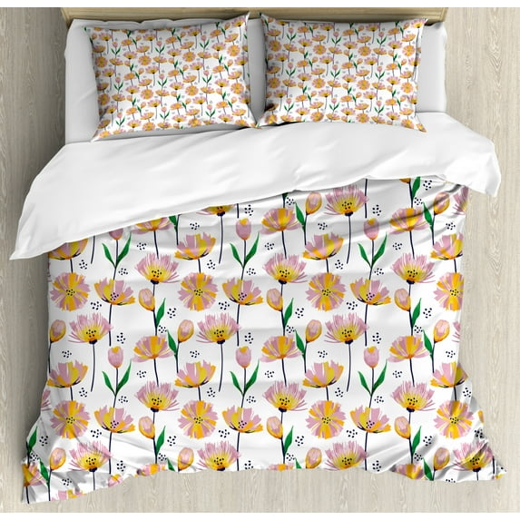 Flower Duvet Cover Set Queen Size, Watercolor Blooms Field Pastel Toned Romantic Nature Beauty Print Meadow Scene, Decorative 3 Piece Bedding Set with 2 Pillow Shams, White Multicolor, by Ambesonne