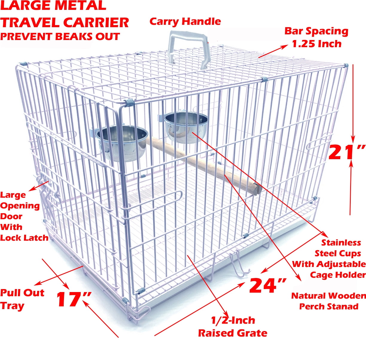 LARGE 24" Metal Foldable Bird Parrot Travel Veterinary Carrier Wire Cage with Wooden Stand Perch and Stainless Steel Dishes Prevent Beak Out