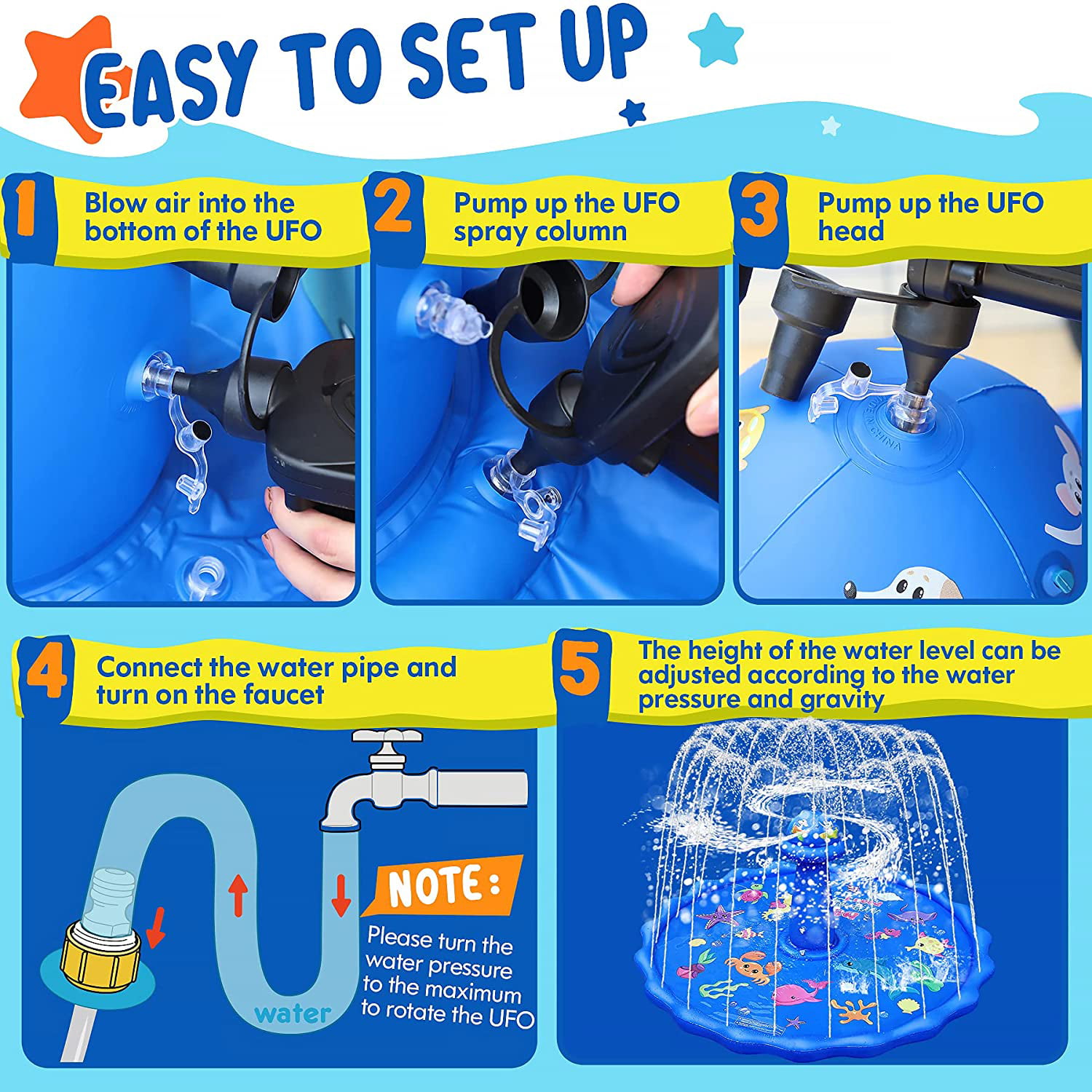 Summer Outdoor Water Toys for Kids（Blue） Splash Pad Sprinkler-UFO 360° Rotary Sprinkler Pad,70 Inch Inflatable Sprinkler for Kids Adjustable Edge Water Column Height 