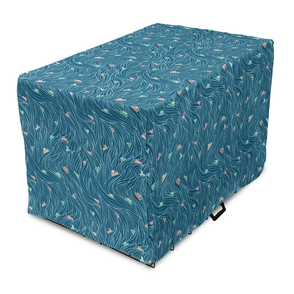 Nautical Dog Crate Cover, Waves Ships Cartoon Nautical Sailboat Vacations Travel Pattern, Easy to Use Pet Kennel Cover Small Dogs Puppies Kittens, 7 Sizes, Petrol Blue Jade Green, by Ambesonne