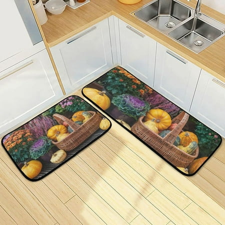 

SKYSONIC Thanksgiving Pumpkins Garden Kitchen Rugs 2 Pieces Fall Floral Floor Mat Room Area Rug Washable Carpet Perfect for Living Room Bedroom Entryway
