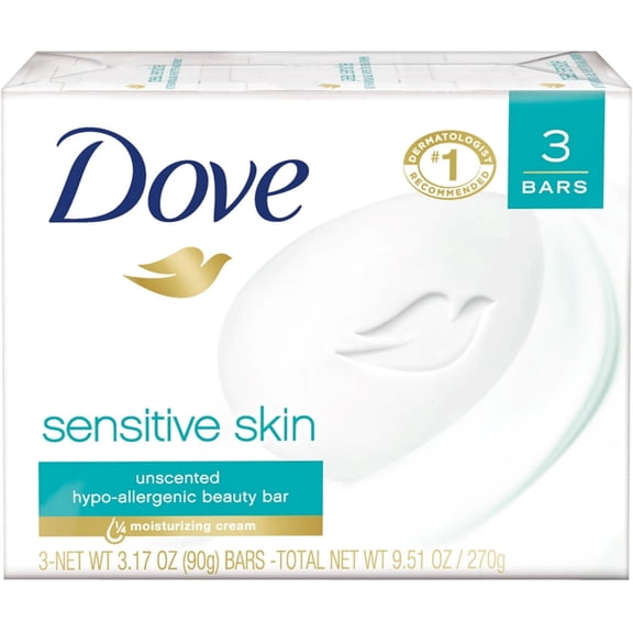 Dove Sensitive Skin Beauty Bar, Unscented, 3.17 oz bars, 3 ea (Pack of 4)