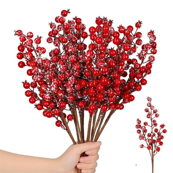 HYG 12 Pcs Artificial Snowy Red Berry Branches Christmas Frosted Holly Berry Picks Winter Twig Fake Berries Branches for Xmas Tree DIY Gift Garland Decorations 8.2 inch