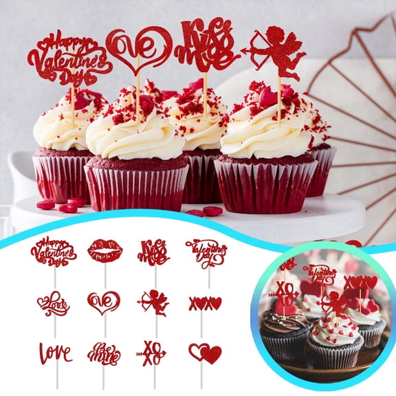 12 Pack Happy Valentine's Day Cupcake Toppers Glitter Cupid Love Heart Lip Kiss Me Be Mine Cupcake Picks for Valentine's Day Theme Wedding Party Cake Decorations Supplies Red