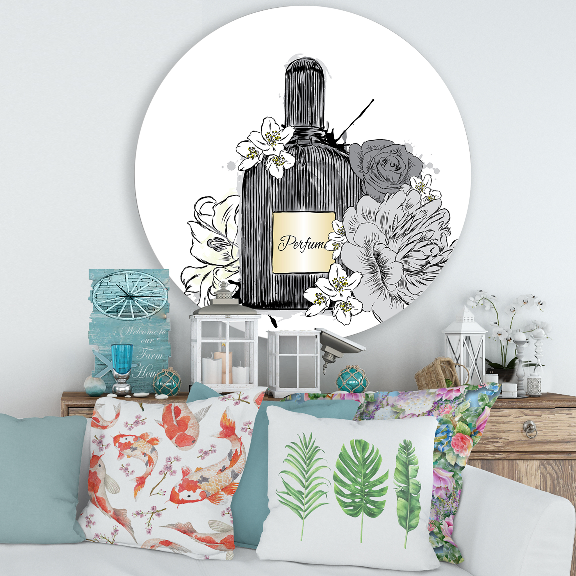 Designart 'Bouquet of Flowers and Perfume Bottle III' Traditional Circle Metal Wall Art 36x36 - Disc of 36