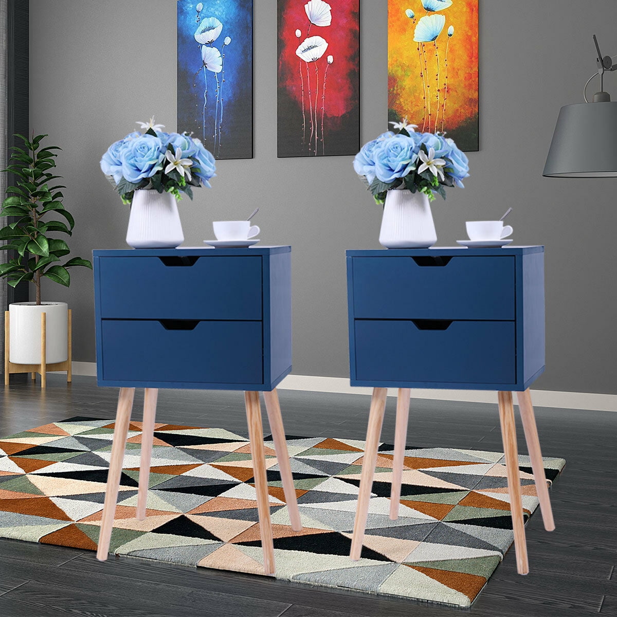 Set of 2 Nightstand with 2 Storage Drawer, Accent Solid Wood Side End