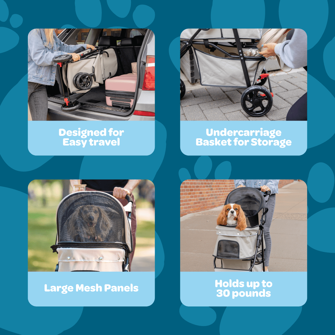 Carlson Portable Pet Stroller with 360 Degree Front Wheel Swivel, Mesh Panels, Umbrella Canopy, Khaki, for Pets Up to 30 lbs