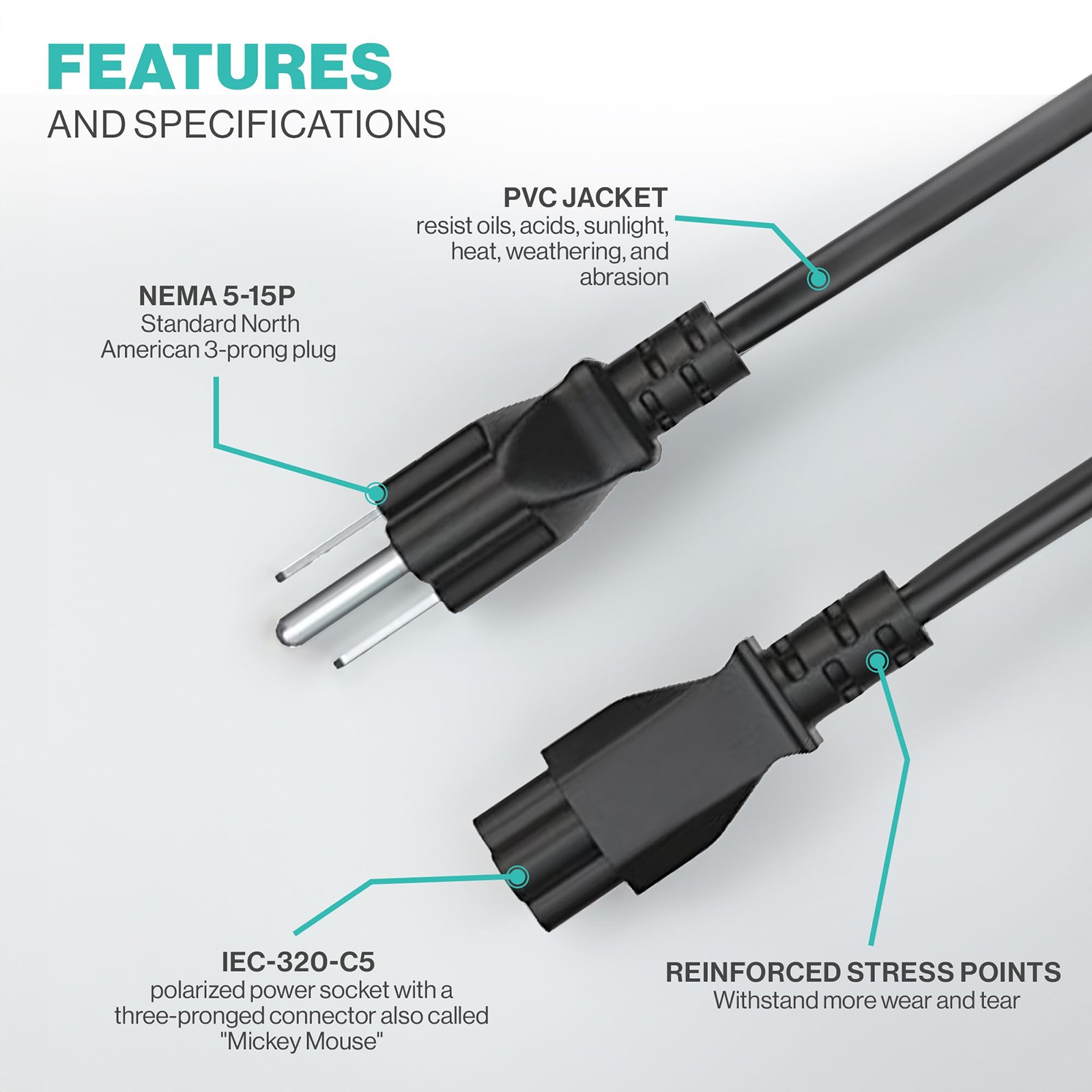 UL Listed 3 Prong Power Cord With (Cloverleaf) Plug Heavy Duty NEMA 1 ...