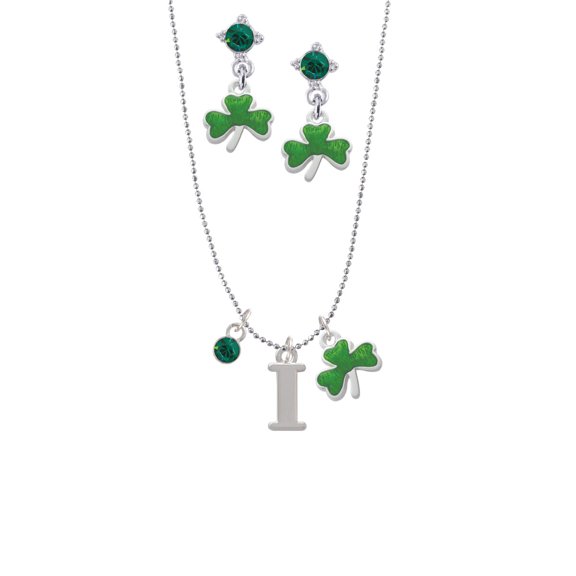 Delight Jewelry Silvertone Large Initial - I - Green Shamrock Necklace and Clover Earrings Jewelry Set