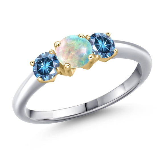 Gem Stone King 10K Two Tone Gold Simulated White Opal and Persian Blue Moissanite Engagement Ring for Women | 0.96 Cttw | Round Cabochon 5MM | Gemstone October Birthstone | Size 5