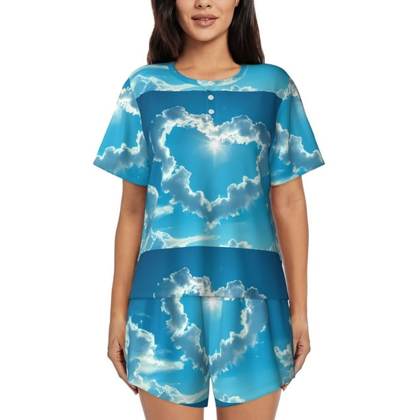 Balery Heart Shaped Cloud Conjunto de Pijama para Mujer con Estampado, Dos Piezas de Manga Corta y Shorts, Ropa de Dormir Suave con Cuello Redondo y Bolsillos-Small