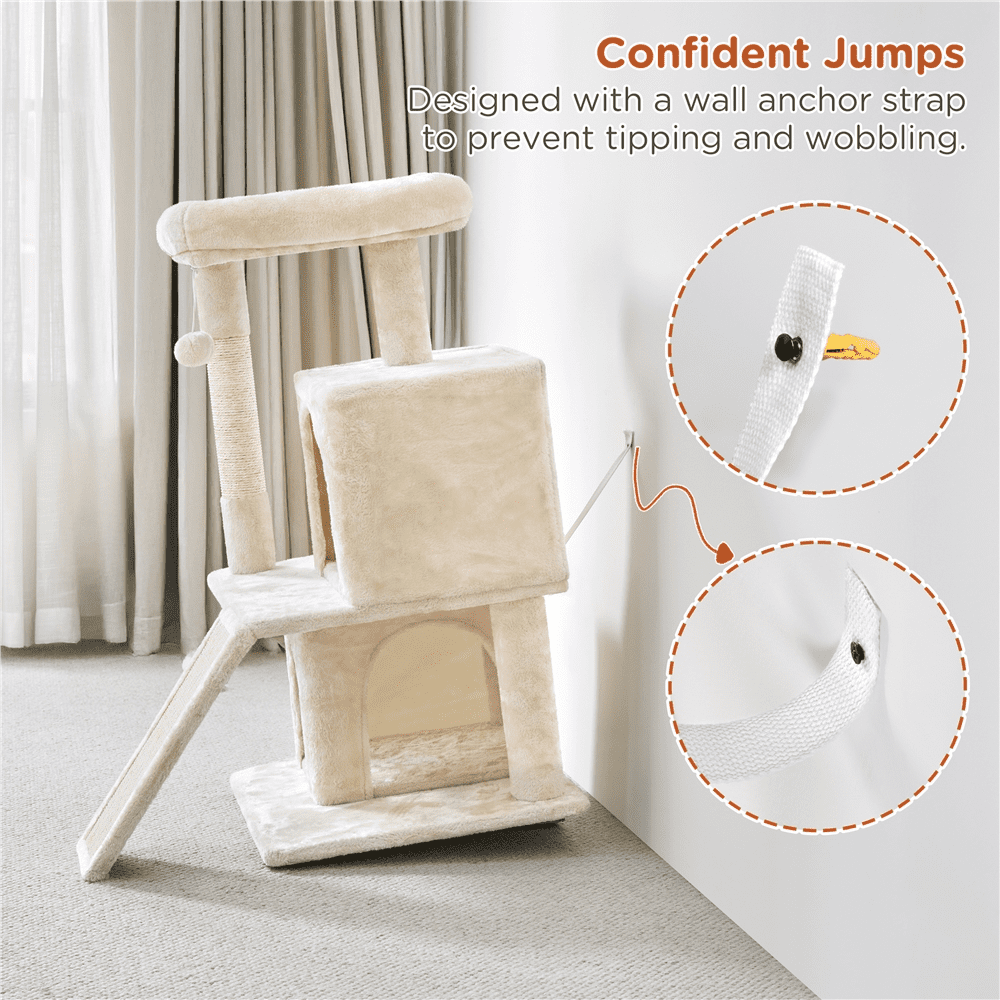 Yaheetech 36'' H Cat Tree Tower with Double Condos Scratching Posts Sisal Rope Furry Ball, Beige