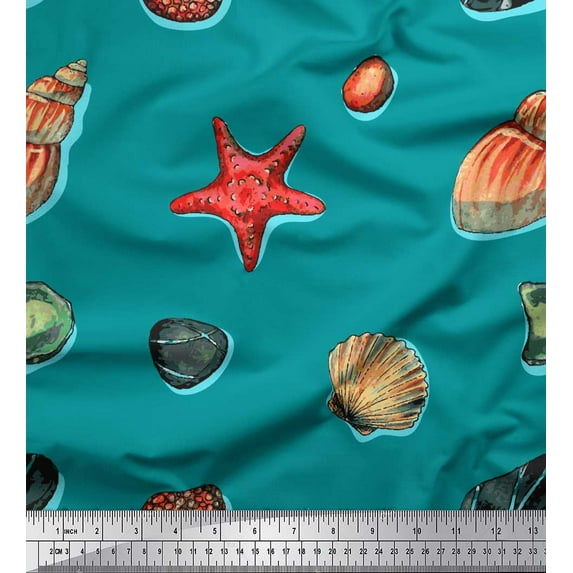 Soimoi Green Cotton Jersey Fabric Gemstone,Seashell & Starfish Ocean Print Fabric by the Yard 58 Inch Wide