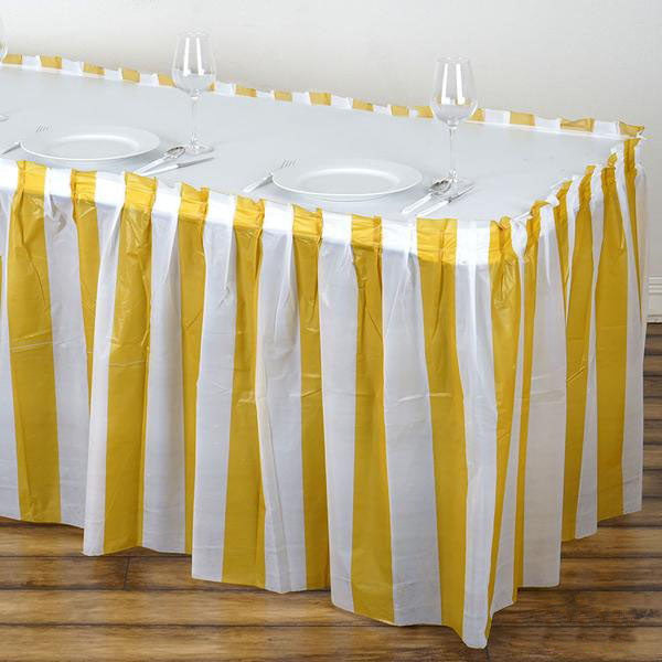 Efavormart 5 PCS 14FT White/Blush Stripe Disposable Waterproof Plastic Table Skirt for Dining Catering Wedding Birthday Party 