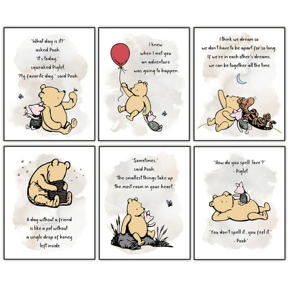 Winnie Wall Art, the Pooh Classic Poster, Baby Nursery Decor, Kids Wall Art, Boys Girls Bedroom Decor, A. A. Milne Quote Art Print, Set of 6 (8"x10")