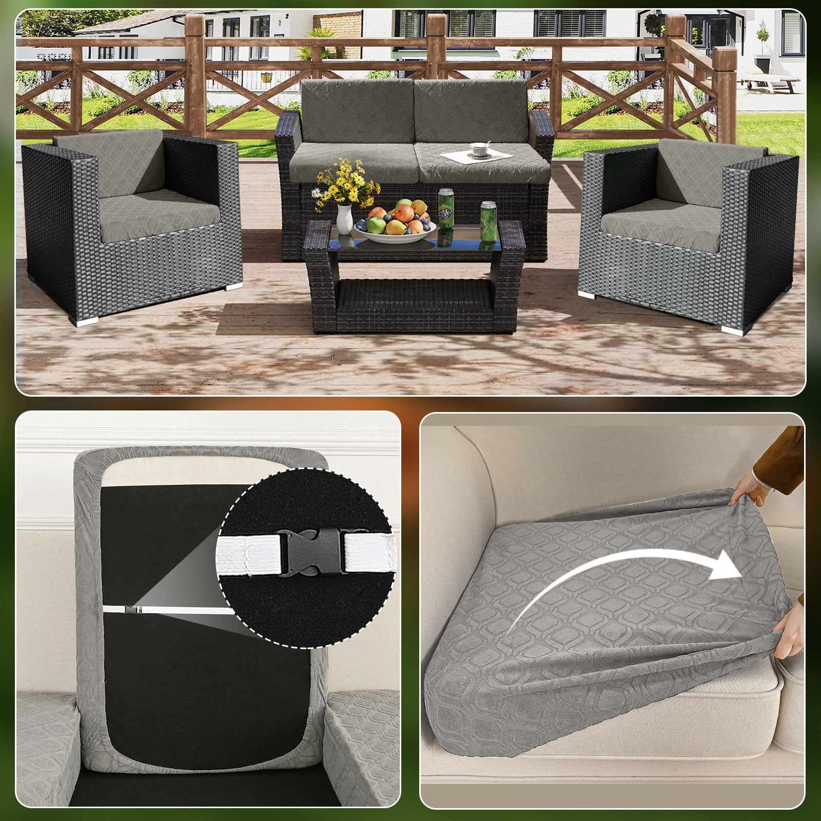 Topchances 6Pcs Patio Cushion Covers, Stretch Outdoor Water Resistant Sofa Cushion Cover Replacement for Patio Furniture Protector (Gray)