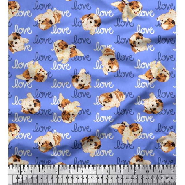 Soimoi Poly Georgette Fabric Love Text & Puppies Dog Print Sewing Fabric Yard 42 Inch Wide