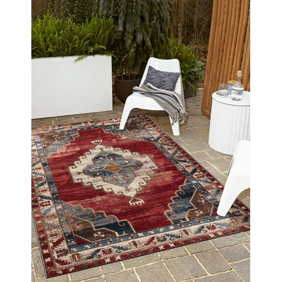 Unique Loom Outdoor Traditional Collection Area Rug - Dynasty (5' 1" x 8' Rectangle Red and Navy Blue/Ivory)