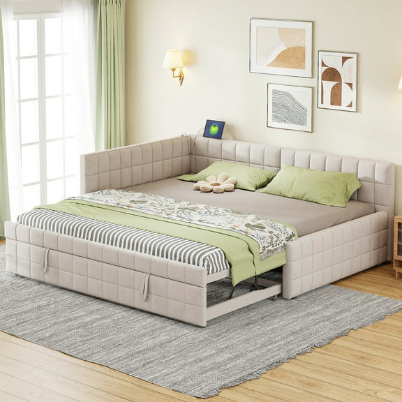 MODERNLUXE Full Size Daybed with Twin Size Trundle, L-Shaped Daybed Frame with USB Ports for Bedroom,Beige