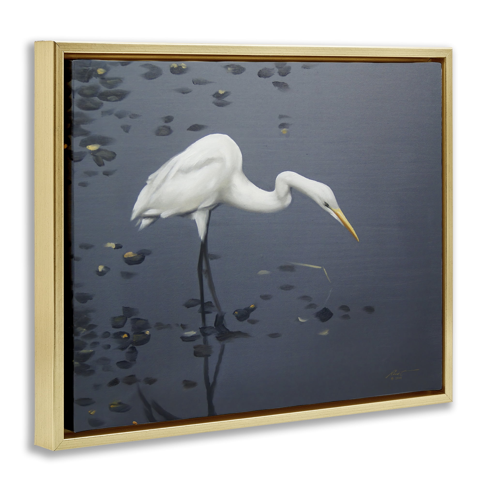 Stupell Industries Graceful Egret in Lake Animals & Insects Painting Gold Floater Framed Canvas Art Print Wall Art, 21 x 17