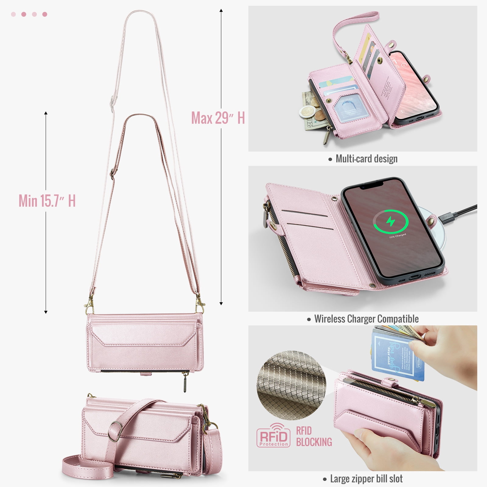 Compatible with iPhone 16e/SE 2025/SE 4 Zipper Wallet Phone Case Tempered Glass Screen Protector Crossbody Lanyard Strap Flip Card Holder Slot Cell Cover for i Phone16e i16e 16 e SE4 Women Rose Gold