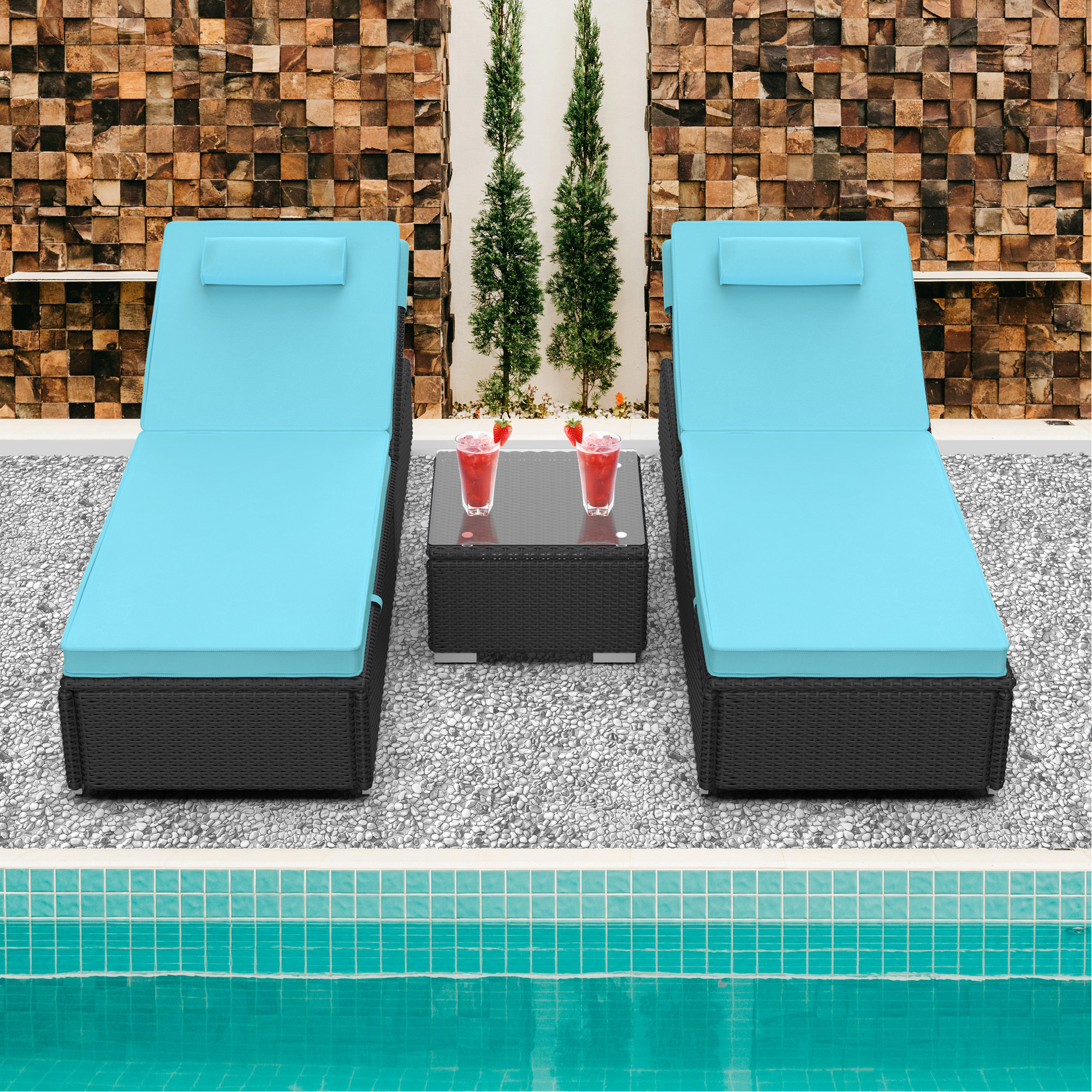 3 Pieces Wicker Chaise Lounge Furniture Set with Table & Cushions, SEGMART Outdoor Poolside Rattan Wicker Pool Chaise Lounge Chairs 2 Pillows for Backyard Deck Porch Garden, 330lbs, S1551 - image 3 of 12