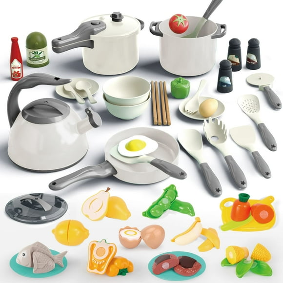 Juego de juguetes Play Kitchen Bruvoalon, 67 piezas con ollas, sartenes y comida