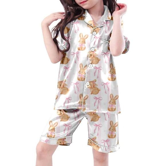 Ensemble de Pyjama Deux Pièces pour Filles, Manches Courtes, Imprimé Nœud, Tenue de Nuit Confortable et Douce, Tenue de Détente pour Tout-Petits et Enfants, Tenue de Sommeil Décontractée