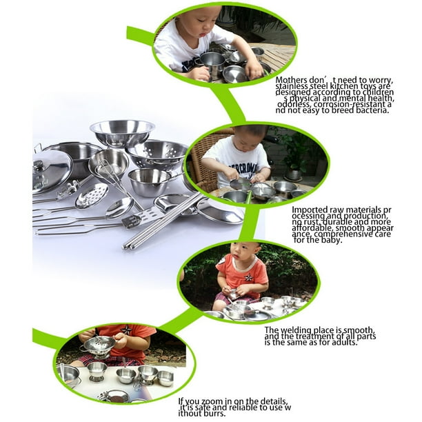 Juego De Cocina DeAO Para Niños – Set De Chef Con 3 Ollas De Acero Inoxidable, 5 Alimentos Para Cortar Con Sonido Crujiente Y 4 Utensilios – Juguete De Rol A Partir De 3 Años