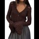 thumbnail image 3 of Blusa para Mujer con Cuello en V y Botones Recortados, Cárdigan de Punto con Mangas Largas Acampanadas. Color Café L, 3 of 10
