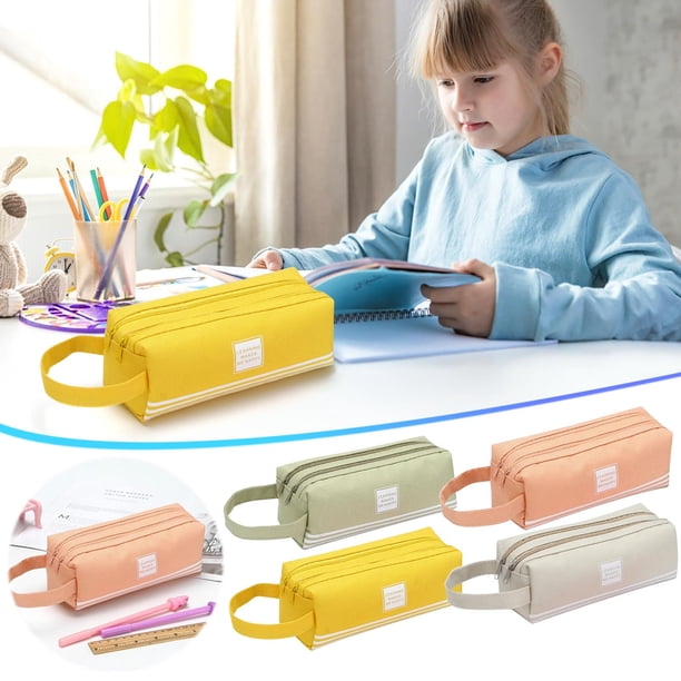 Estuche de lona de doble capa con gran capacidad - Bolsillo con cremallera a rayas para material escolar, de oficina y de estudiantes