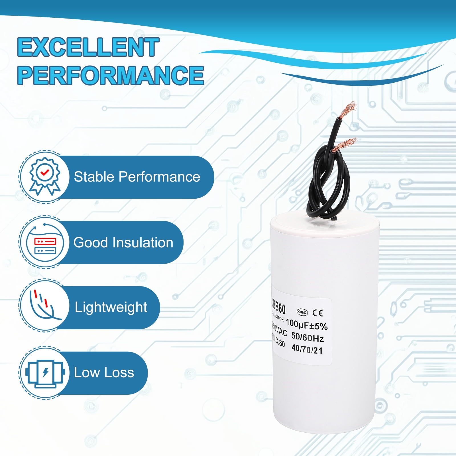 CBB60 100uf Running Capacitor,1Pcs AC 250V 2 Wires 50/60Hz Cylinder White 100x55mm for Water Pumps, Washing Machines Motor Start