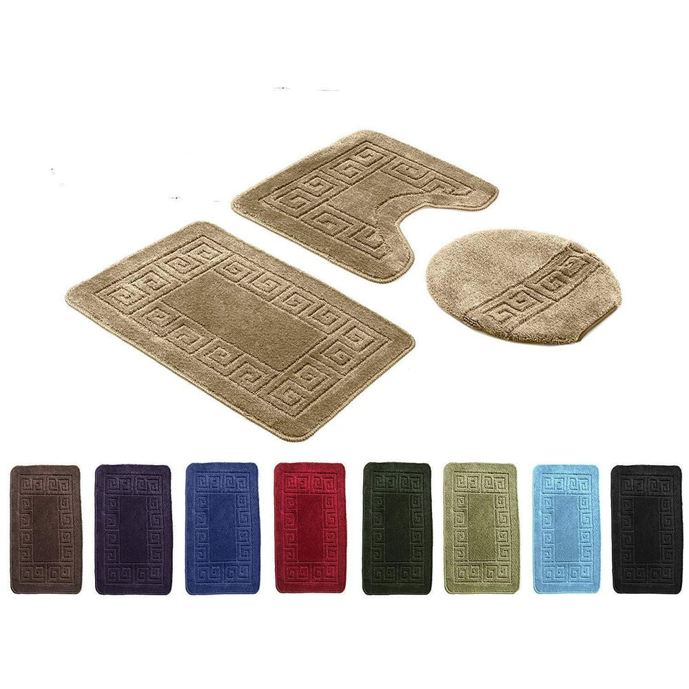 3 PCS BATHROOM SET RUG CONTOUR MAT TOILET LID COVER PLAIN SOLID COLOR