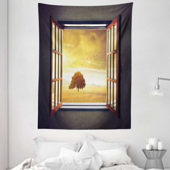 Spring Tapestry, Looking out an Open Window to a Sunny Spring Birds Countryside Landscape, Wall Hanging for Bedroom Living Room Dorm Decor, 60W X 80L Inches, Grey Marigold Brown, by Ambesonne