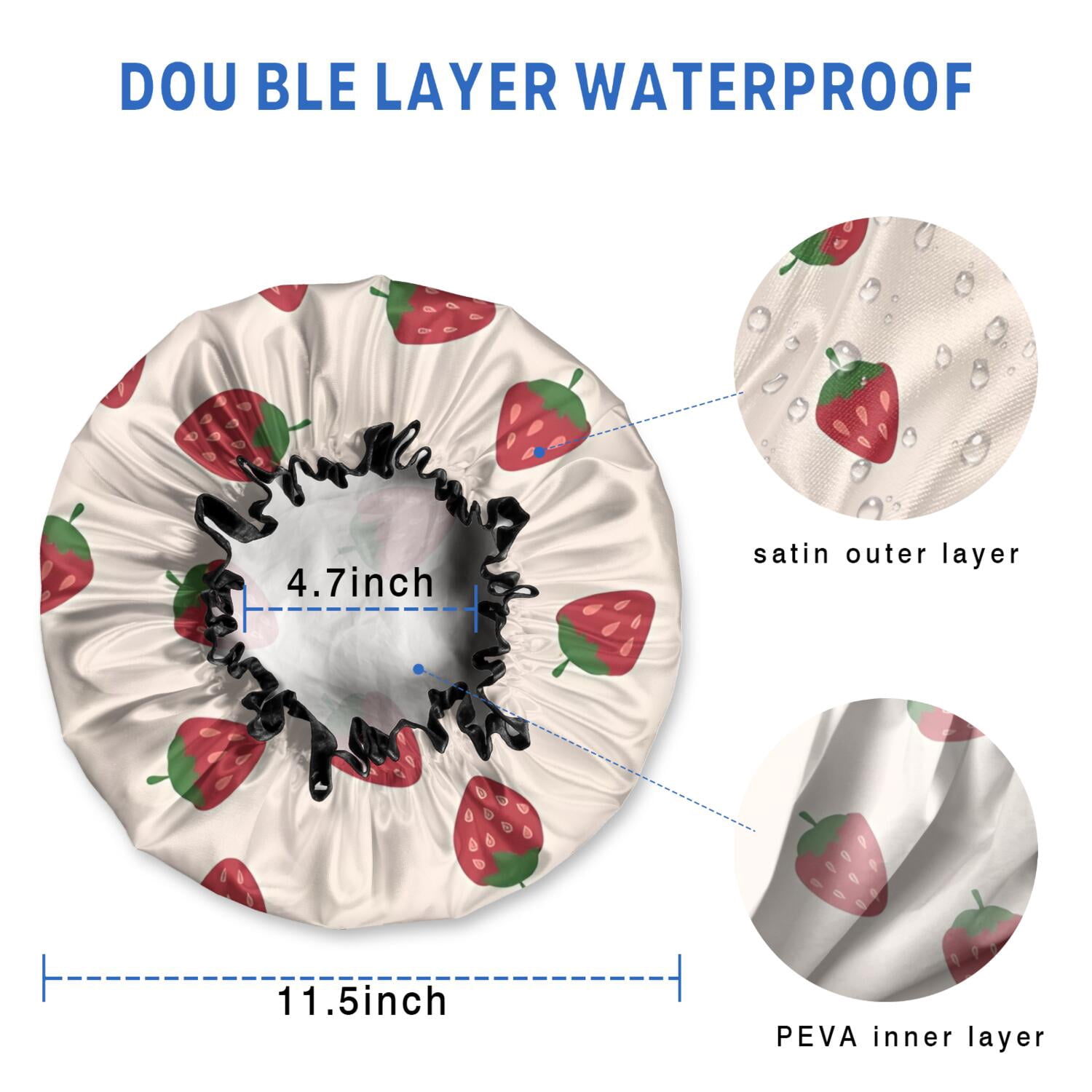 Shower Caps,Red Strawberry Plants Fruit Light Pink Pattern Waterproof Shower Cap for Women 4 Pieces,Double Reusable Hair Cover for Shower PEVA Elastic Stretch Hem