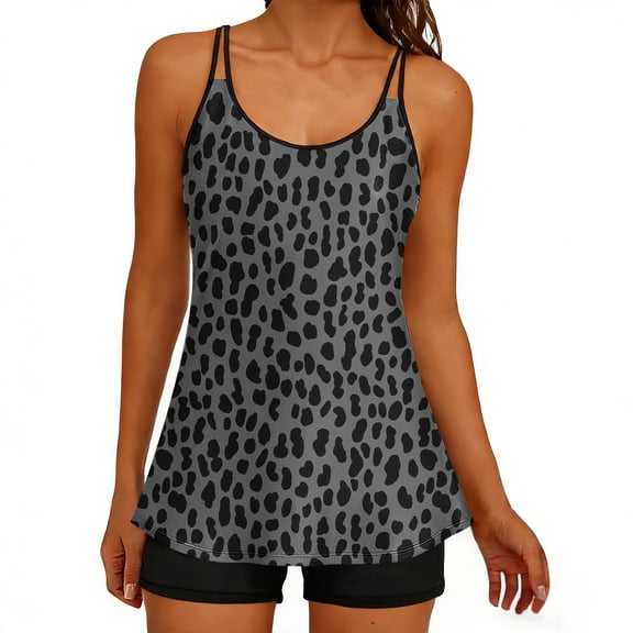 Tankini Bathing Suits for Women Summer Tummy Control Printed 2 Piece Swimsuits with Boy Shorts Athletic Modest Swimwear Black 3 L