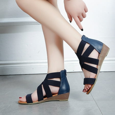 

HIMIWAY Wedge Sandals for Women Women s Elastic Band Low-heel Roman foreign Trade Wedge-heel Women s Sandals Blue 37