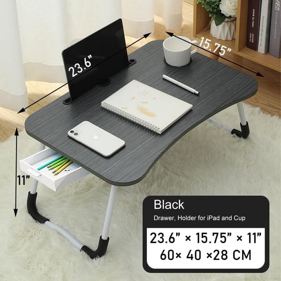 Lap Desk with Storage Drawer, Holders for Cup and Tablet for Kids and Adults, Tray Table with Foldable Legs, Laptop Bed Stand, Portable Standing Table for Sofa Couch Floor