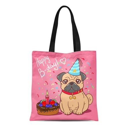 ASHLEIGH Canvas Tote Bag Pink Cute Little Pug Dog Celebrates Birthday Delicious Cake Durable Reusable Shopping Shoulder Grocery