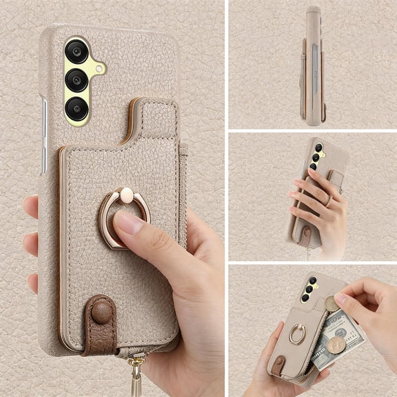 Case for Samsung Galaxy A17 5G Zipper Wallet Case, PU Leather Case with Card Holder, Ring Holder Stand, RFID Blocking Magnetic Car Mount Shockproof Cover for Samsung Galaxy A17 5G - Khaki