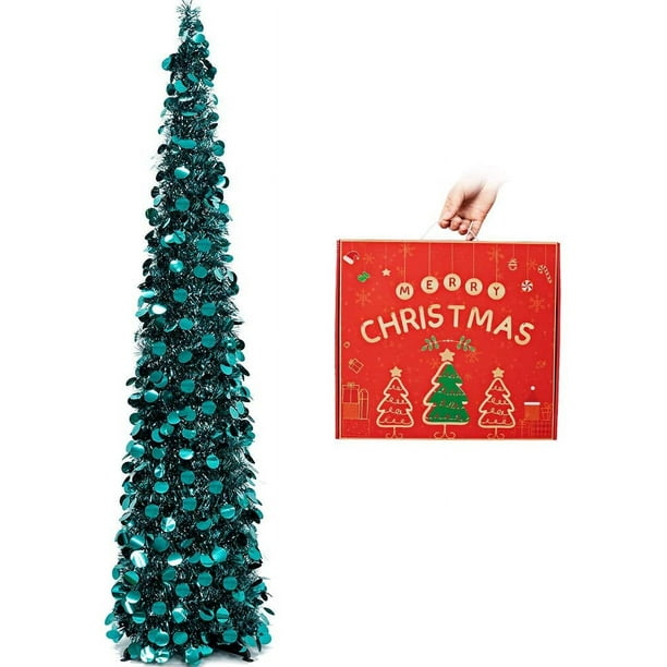 Christmas Tree, 5ft Collapsible Pop Up Peacock Blue Tinsel Christmas