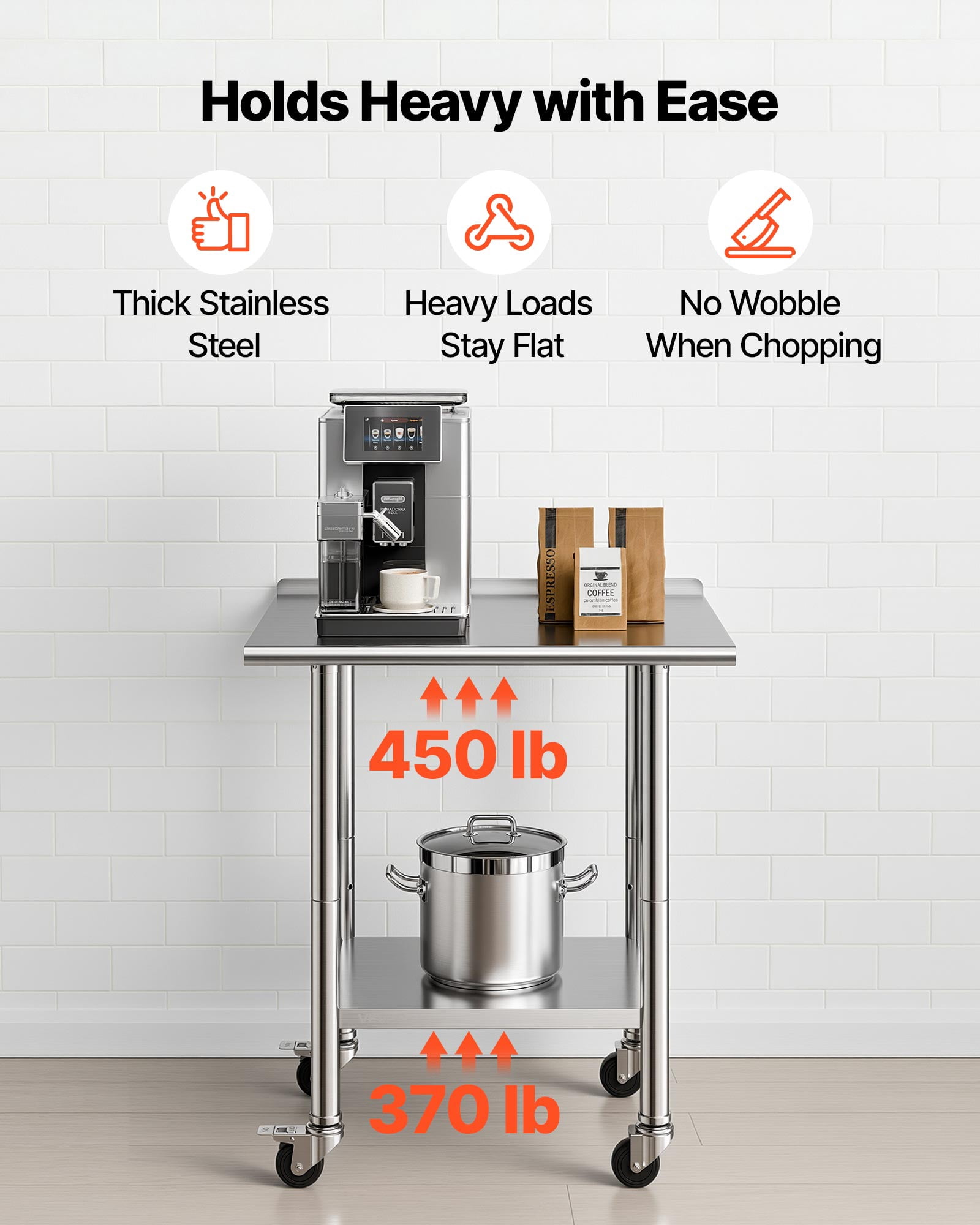 VEVOR Stainless Steel Work Table, 24x30 inch Food Prep Table with Wheels and Backsplash, Commercial Kitchen Workstation with Adjustable Undershelf, Metal Utility Worktable, for Restaurant Home