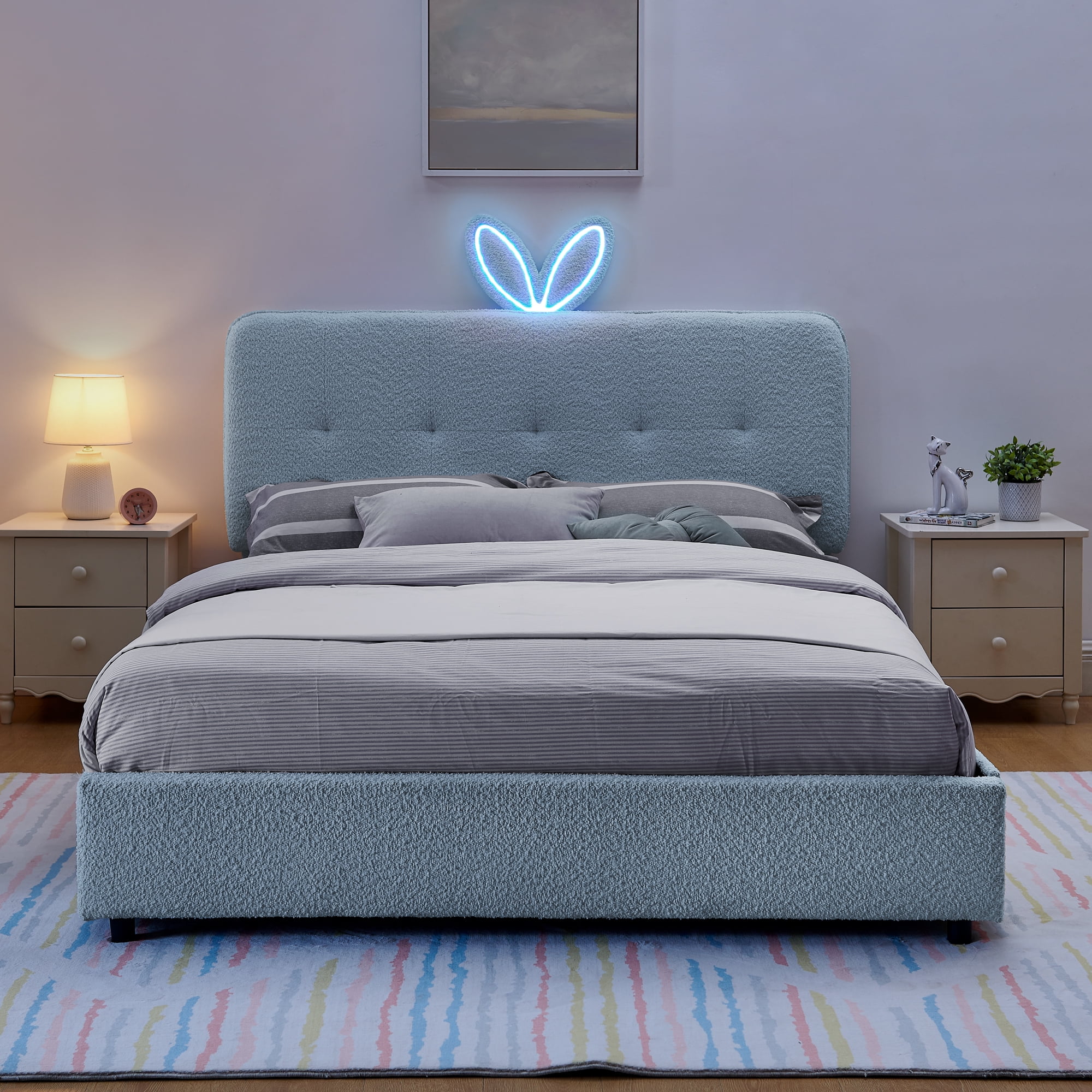 Mintazer Queen Upholstered Kids Bed with Oversized Rabbit Ear Headboard, Boucle Fabric Platform Bed with LED Headboard & 4 Storage Drawers, Blue